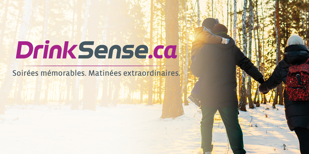Two people canoeing on a lake at sunset. text: DrinkSense.ca, Memorable nights. Incredible mornings.