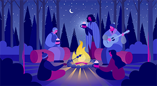 Graphic showing a group of friend around a campfire