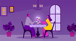 Graphic showing a couple clinking glasses at a candle-lit dinner.