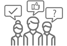 three people with speech bubbles of a checkmark, a thumbs-up and a question mark
