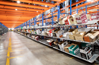 A view of a product isle at the Liquor Mart Distribution Centre