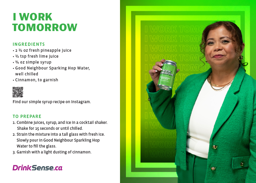 Woman in a green outfit holding a canned drink