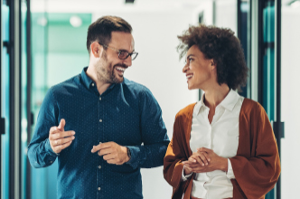 Two people engaged in a friendly discussion.