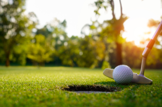 Golf ball and club on the green.