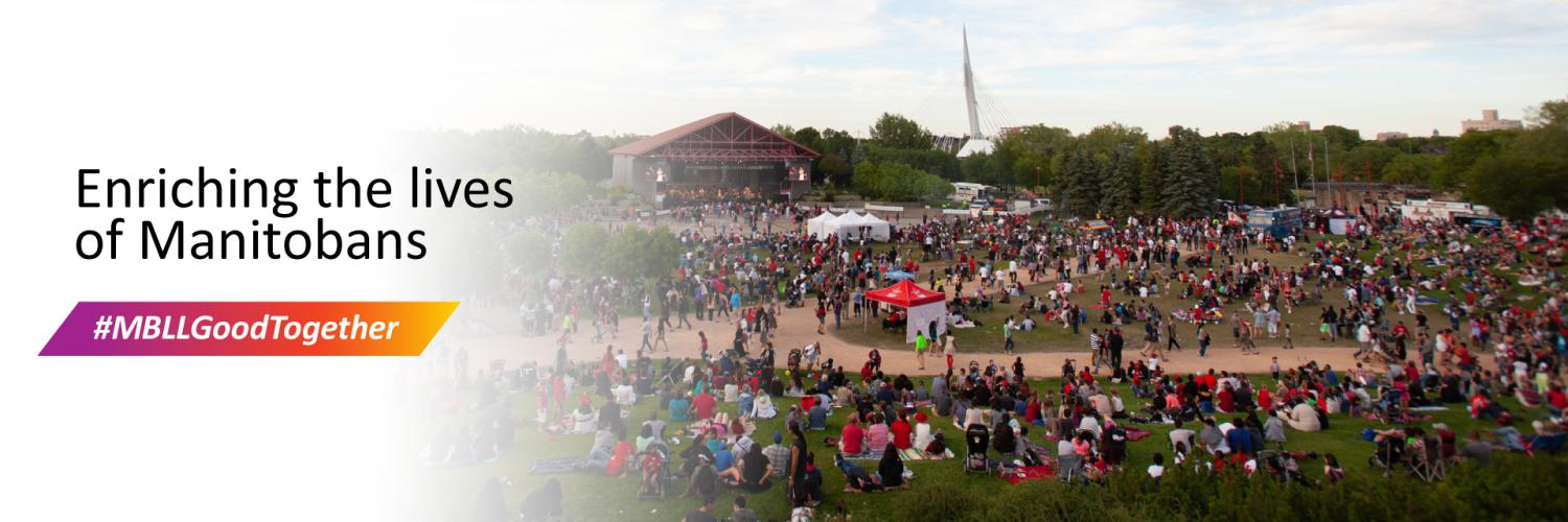 Photo of a crowd at Folk Fest with the text: Enriching the lives of Manitobans